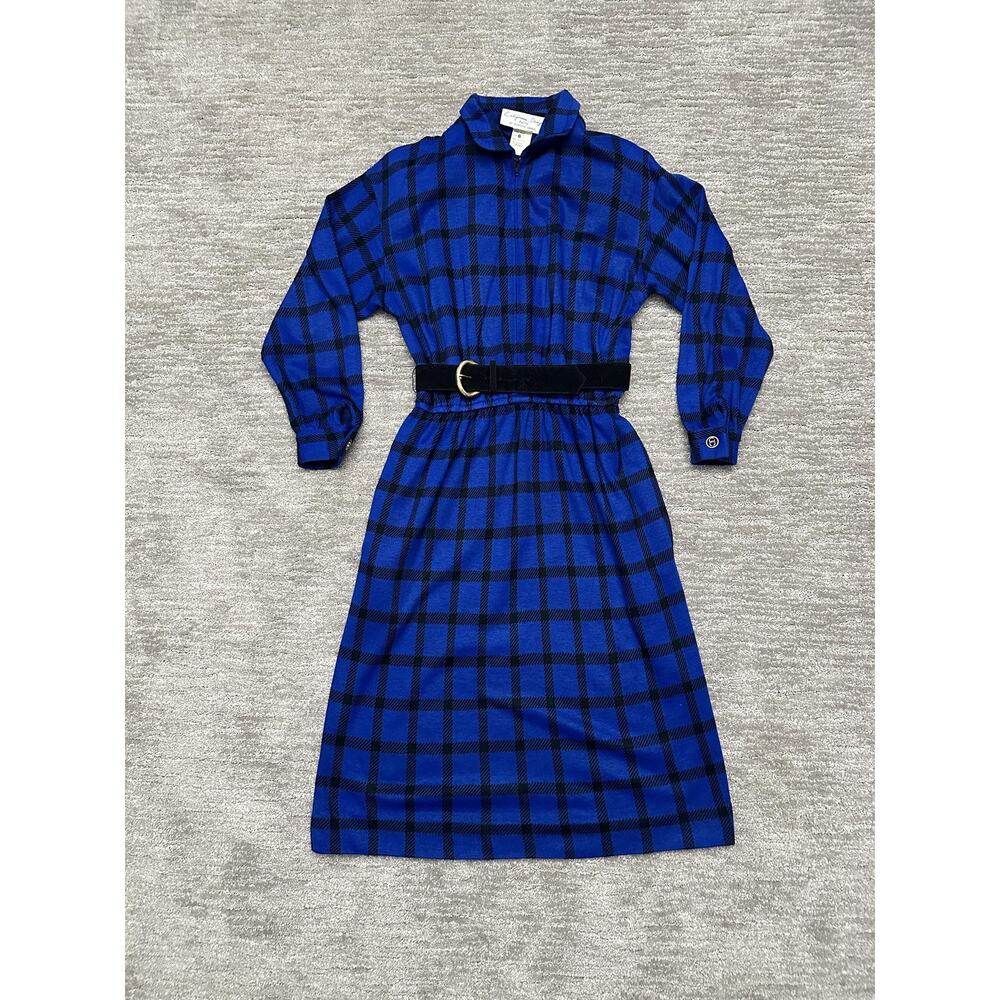 Vintage Dorothy Samuel Dress Womens 6 Blue Black Plaid Belted Made USA Zip 80s